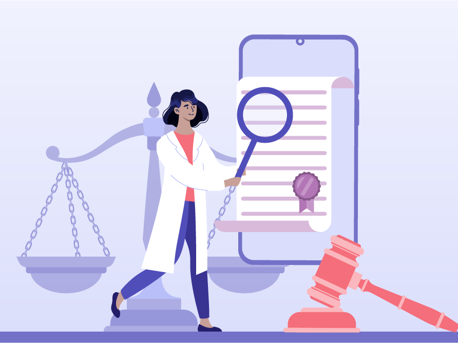 A healthcare provider examines a document on a mobile device. A gavel is in the foreground and a scale is in the background.