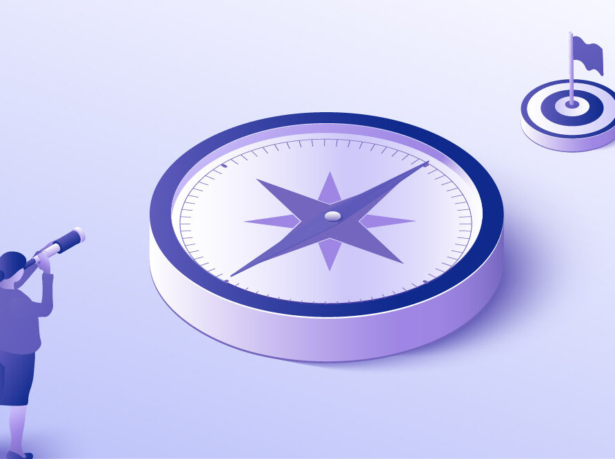 Graphic representing navigating financial realities, with compass and human looking at end goal.