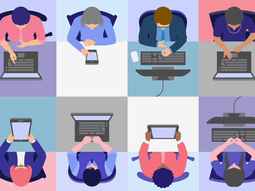 Graphical representation of healthcare professionals using computers and laptops at a table.