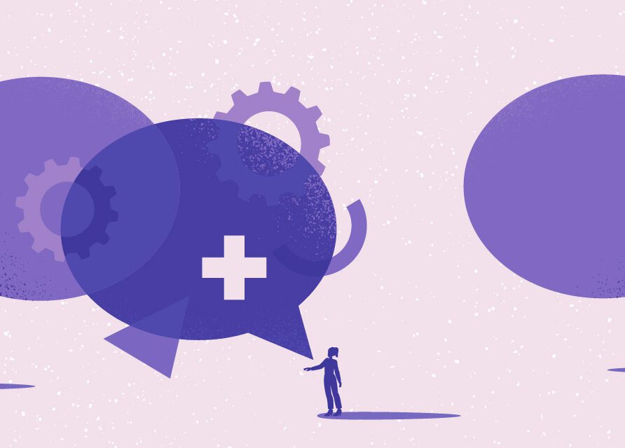 graphical representation of 3 individuals with chat bubbles talking about healthcare.