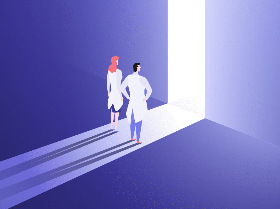 healthcare workers looking at a bright light