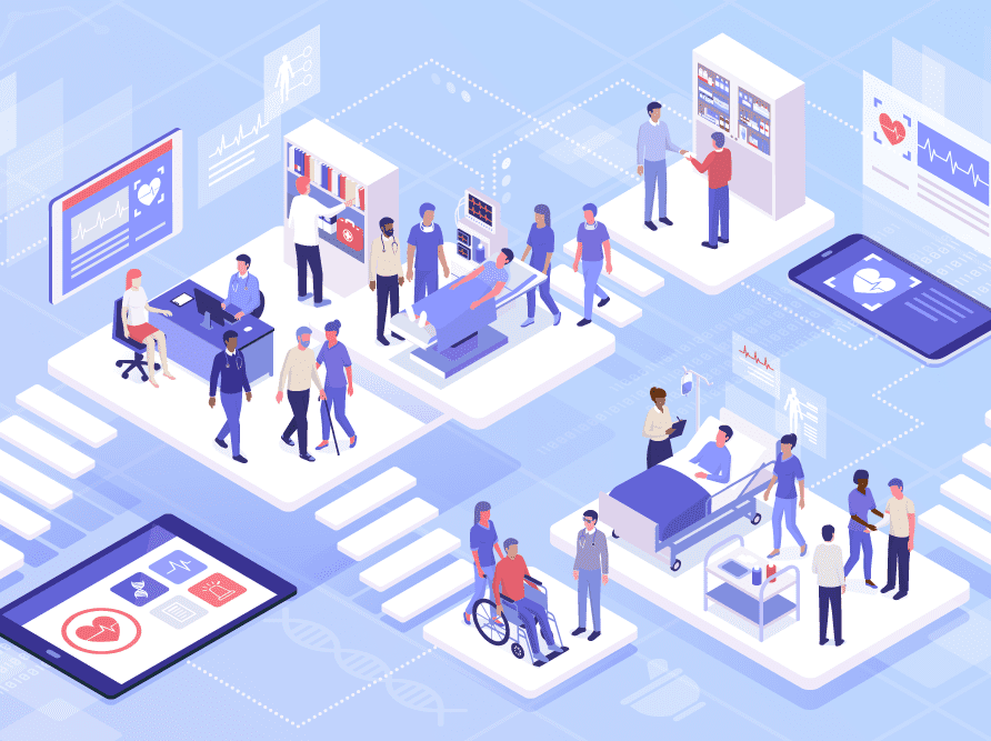 branded graphic depicting IT communication and/or patients moving between hospital buildings