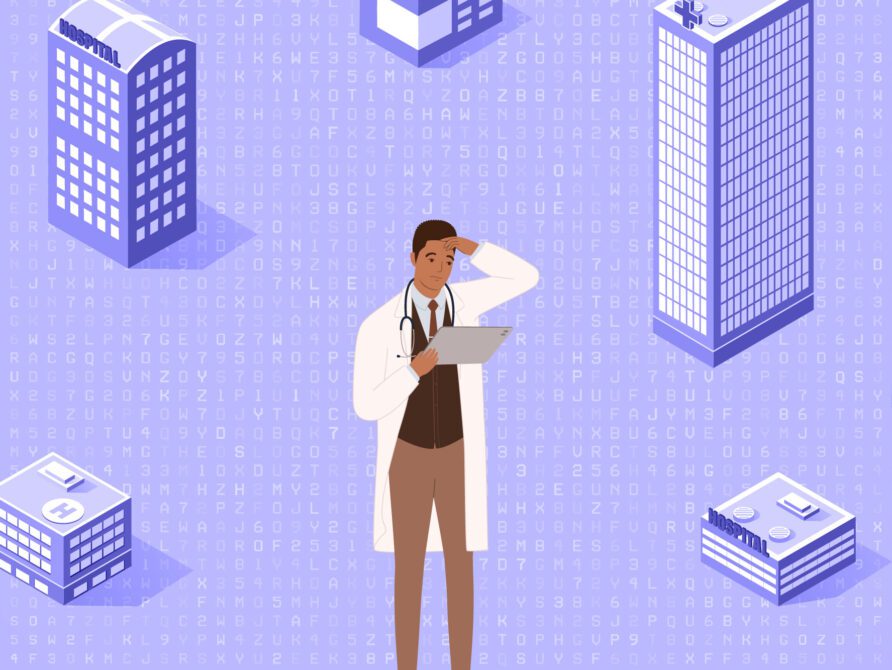 Doctor standing in the middle of many buildings