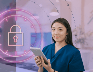 nurse holding tablet with EHR software