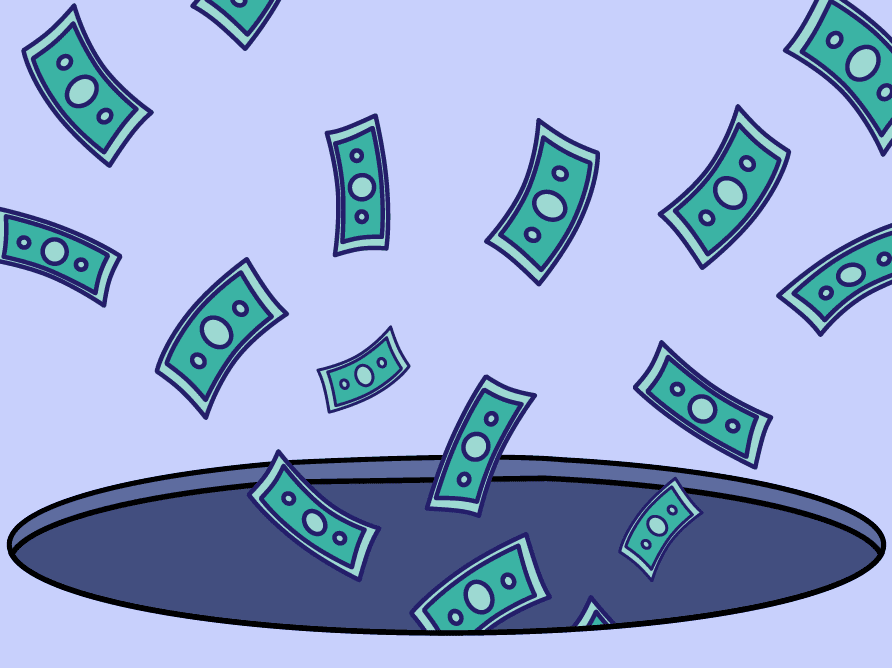dollar bills and money falling into a pit in the ground