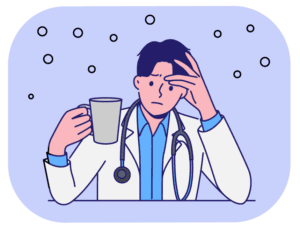 Doctor holding coffee, looking stressed