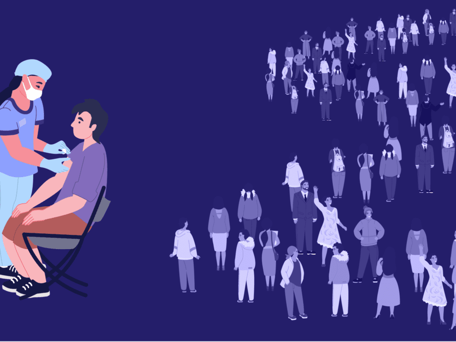 Doctor caring for patient with long line behind them