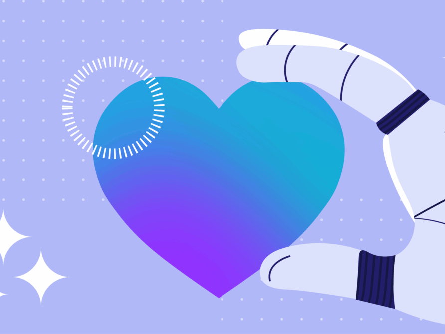 AI robot hand holding blue heart