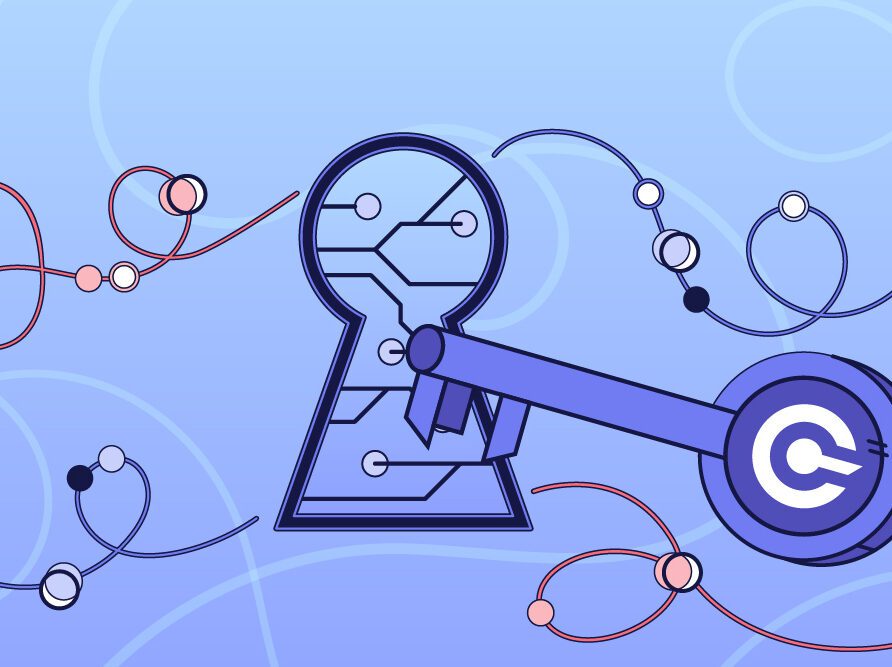 Lock and key with data and cybersecurity imagery