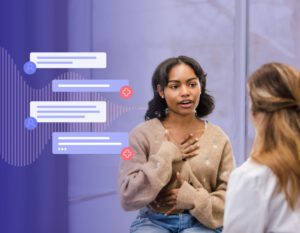 Doctor chatting with patient with AI note taker in background