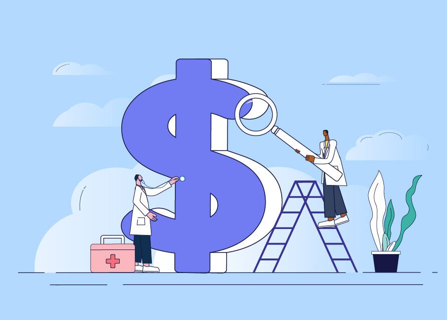 Doctor on ladder next to dollar sign